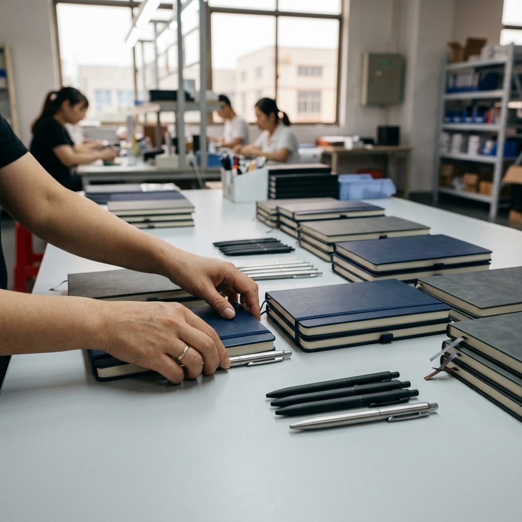 Business gift and promotional product samples prepared for sourcing review