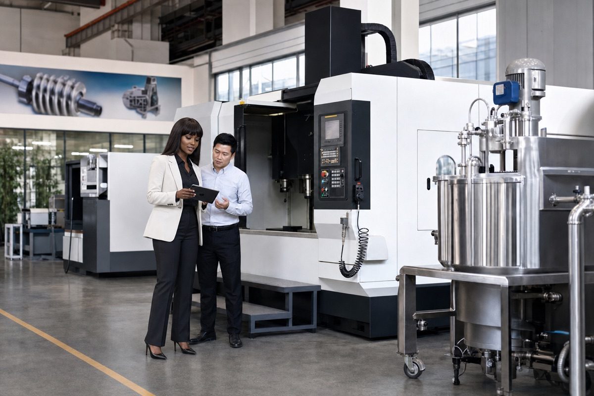 VIVA reviewing industrial machinery requirements with a supplier representative