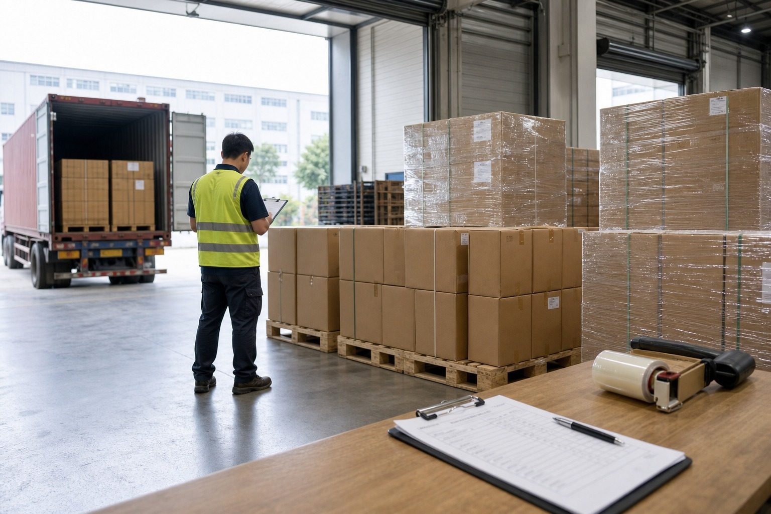 Cartons and pallets prepared for shipment coordination in a warehouse