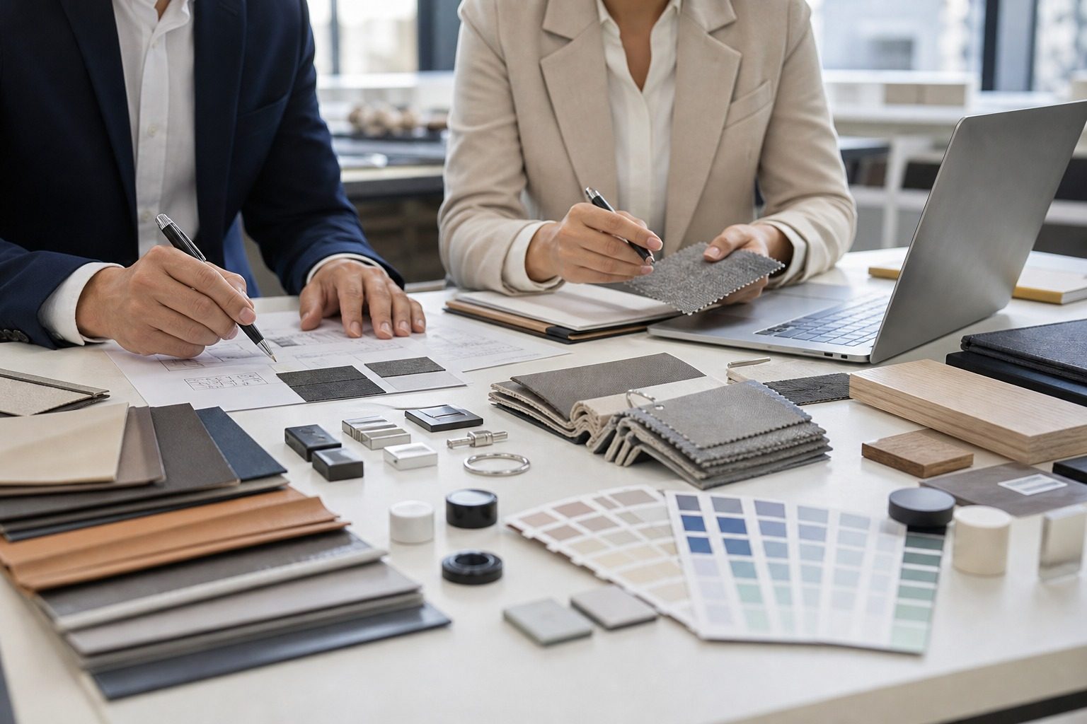 Material samples compared during supplier sourcing review in China