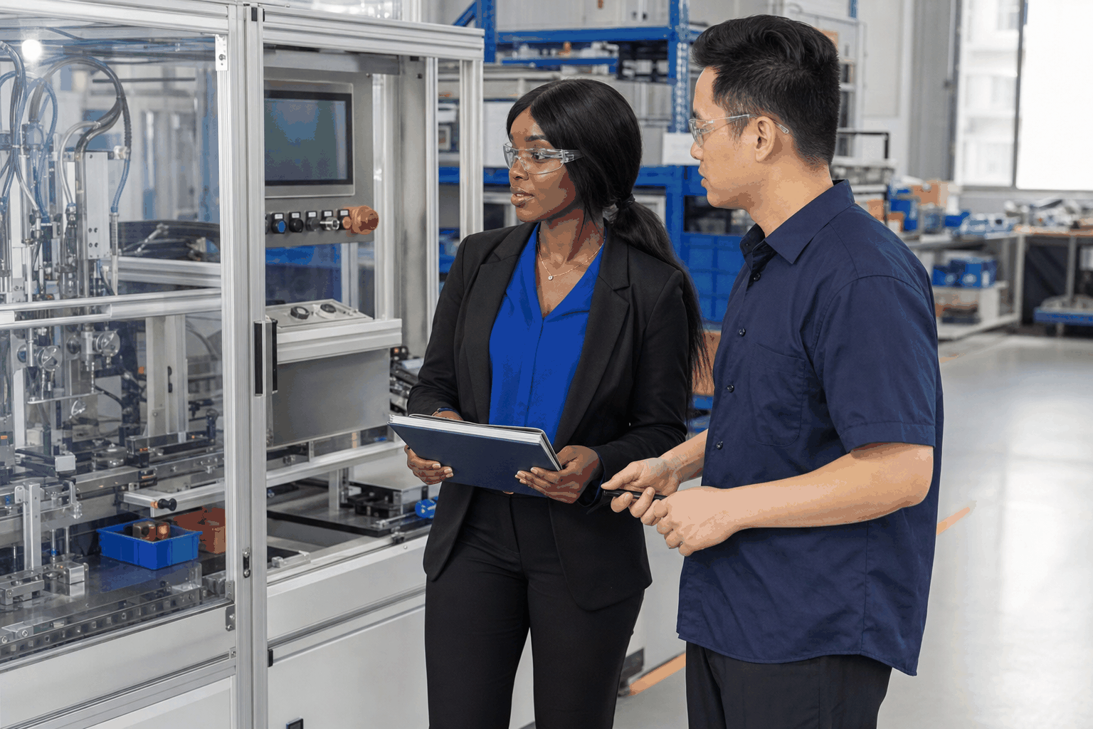VIVA reviewing automation equipment inside a factory workshop