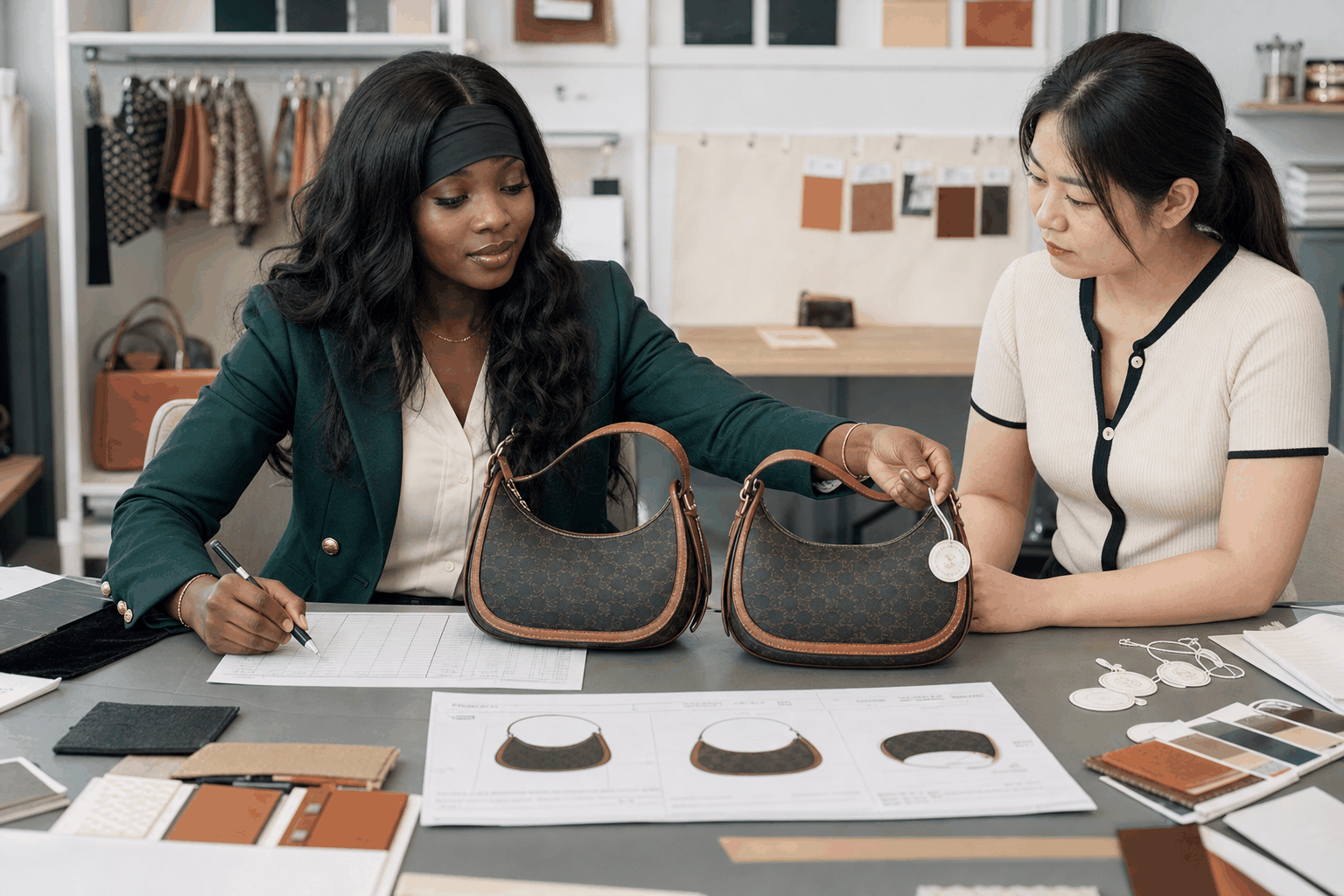 VIVA reviewing fashion accessory samples and materials with a supplier