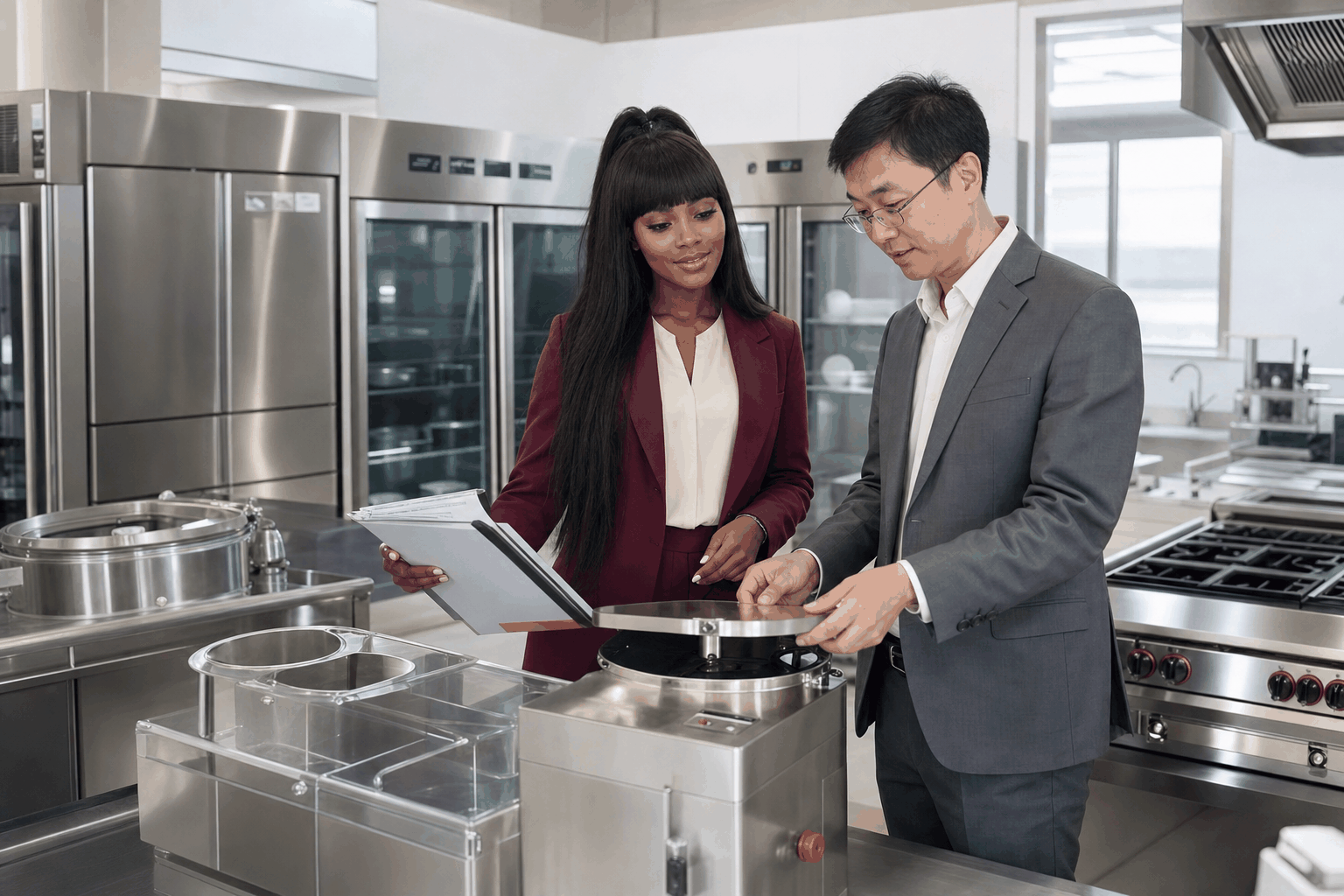 VIVA reviewing commercial kitchen equipment with a supplier representative