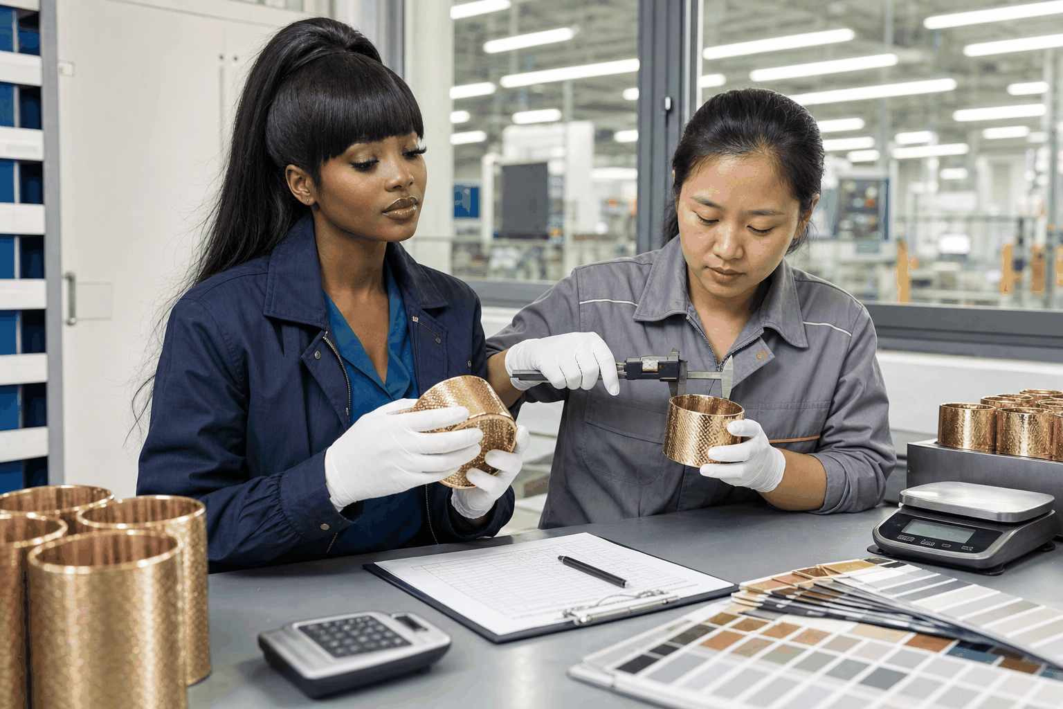VIVA checking product quality details with a factory technician